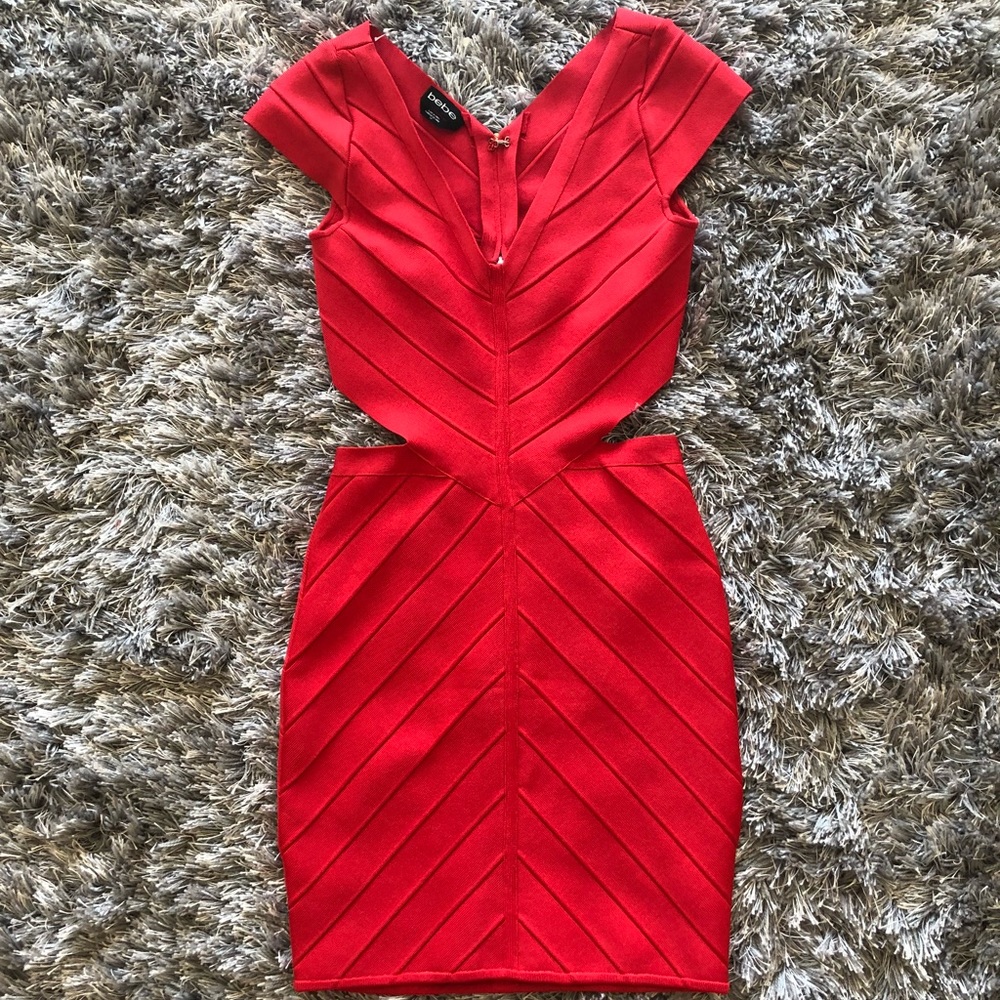 Small Bebe red v neck cutout back bandage dress